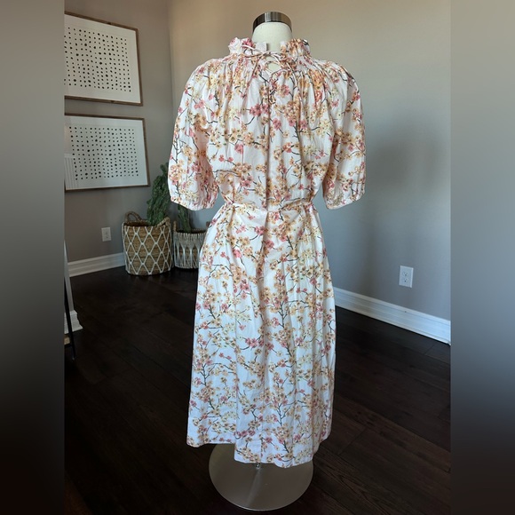 J. Crew Smocked Neck Puff-Sleeve Cotton Dress Pink Peach Cherry Blossoms LG NWT - Picture 5 of 14